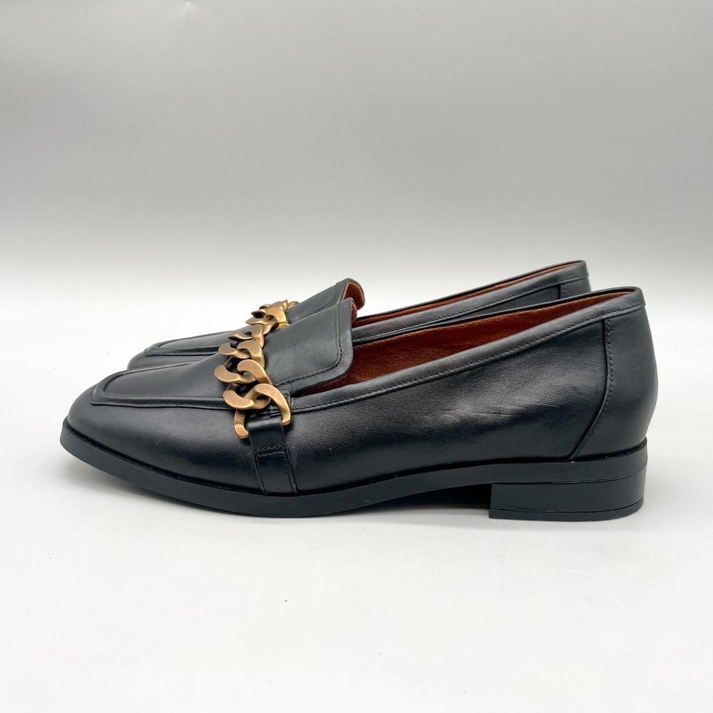 Vionic Black Leather Loafers with Brass Chain Accent - Picture 5 of 12